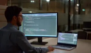 busy business man software developer working late on computer in dark office.