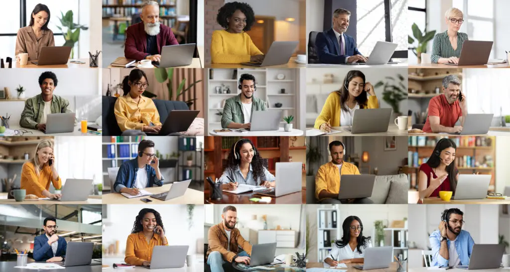 international group of people, male and female working, studying remotely